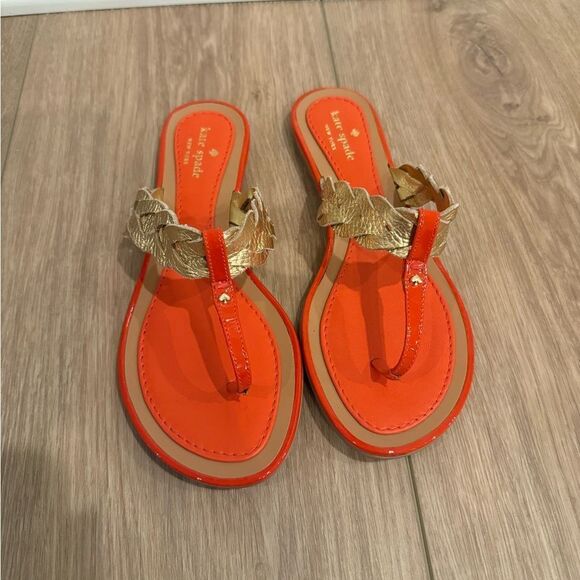 Kate Spade Orange and Gold T-Strap Sandals - Picture 1 of 5